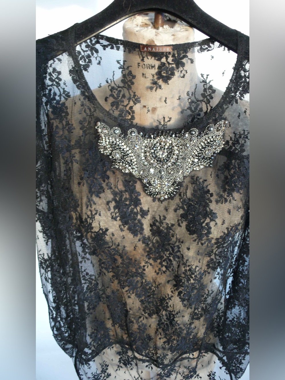 Party Lace Top Blouse Relax fit Embellished crystals Europe sz 4/6 balloon style
